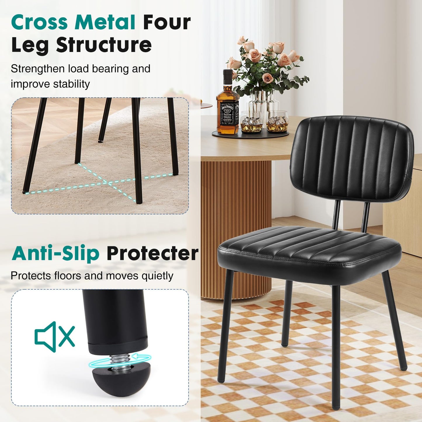 OLIXIS Dining Chairs Set of 6, Modern Upholstered Mid Century Kitchen Chairs with Faux Leather Cushion Seat, Backrest & Metal Legs for Living Room, Bedroom, Home Office, Black