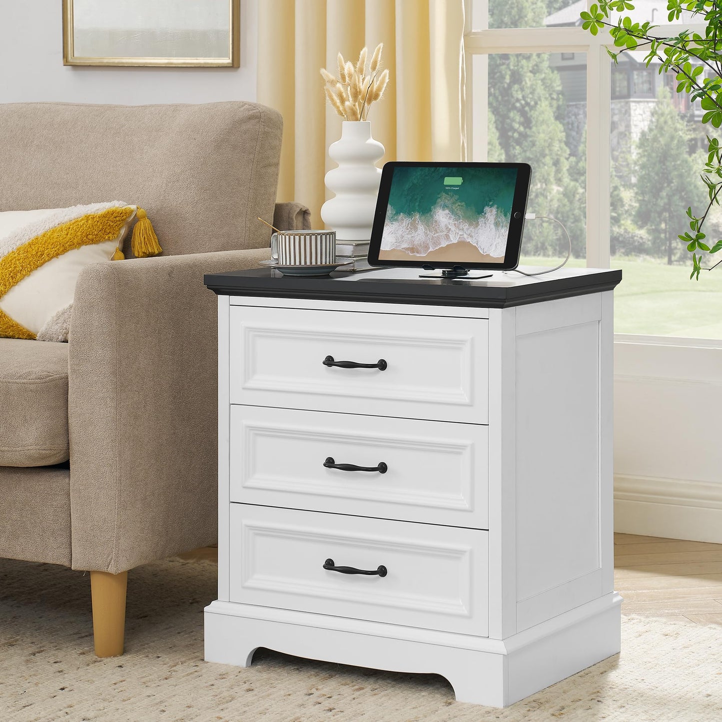 Farmhouse Nightstand Set of 2, Wood Night Stand with 3 Drawers and Charging Station Modern Bedside Table for Bedroom End Side Table Storage Cabinet Small 6 Drawers Dresser (2)