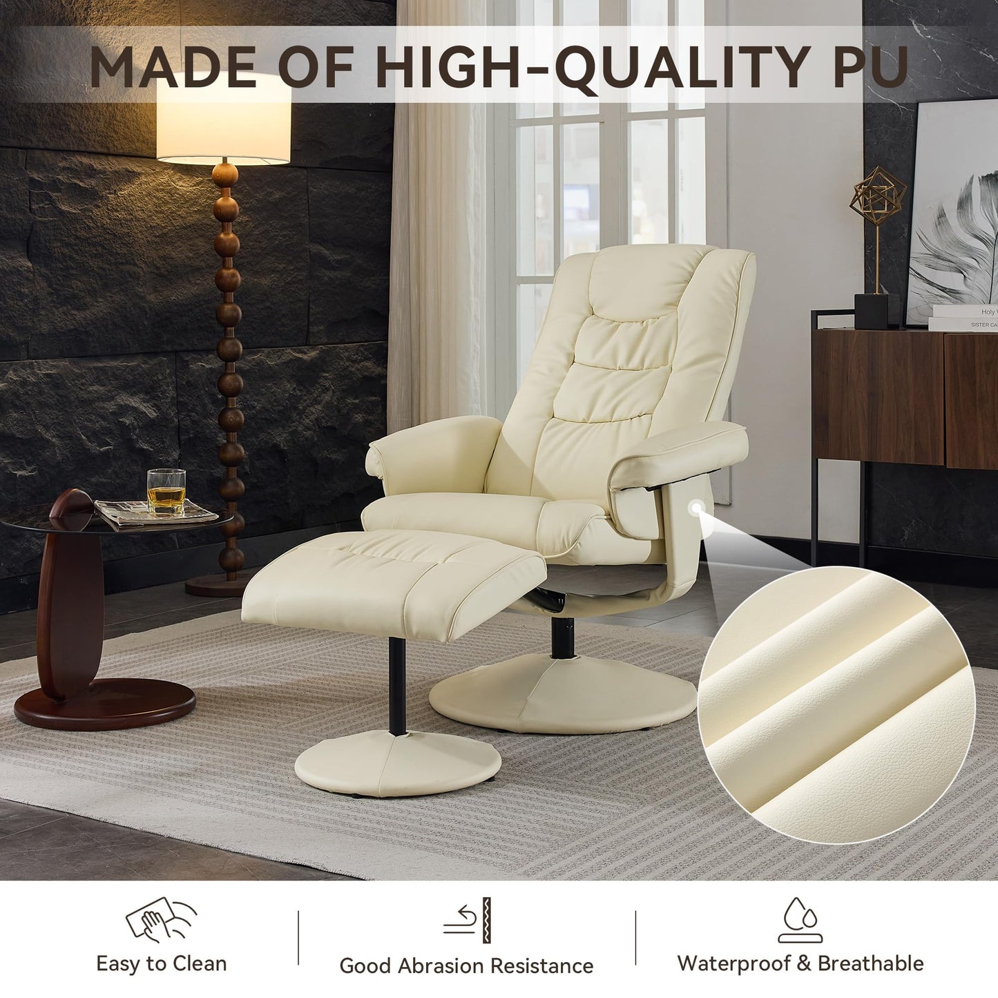 KEIKI Swivel Reclining Chair with Ottoman, High Backrest,5-Point Vibration Massage & Heated Seat,PU Leather Upholstered Armchair Lounge Sliding Chairs Set for Living Room Bedroom Office,Beige