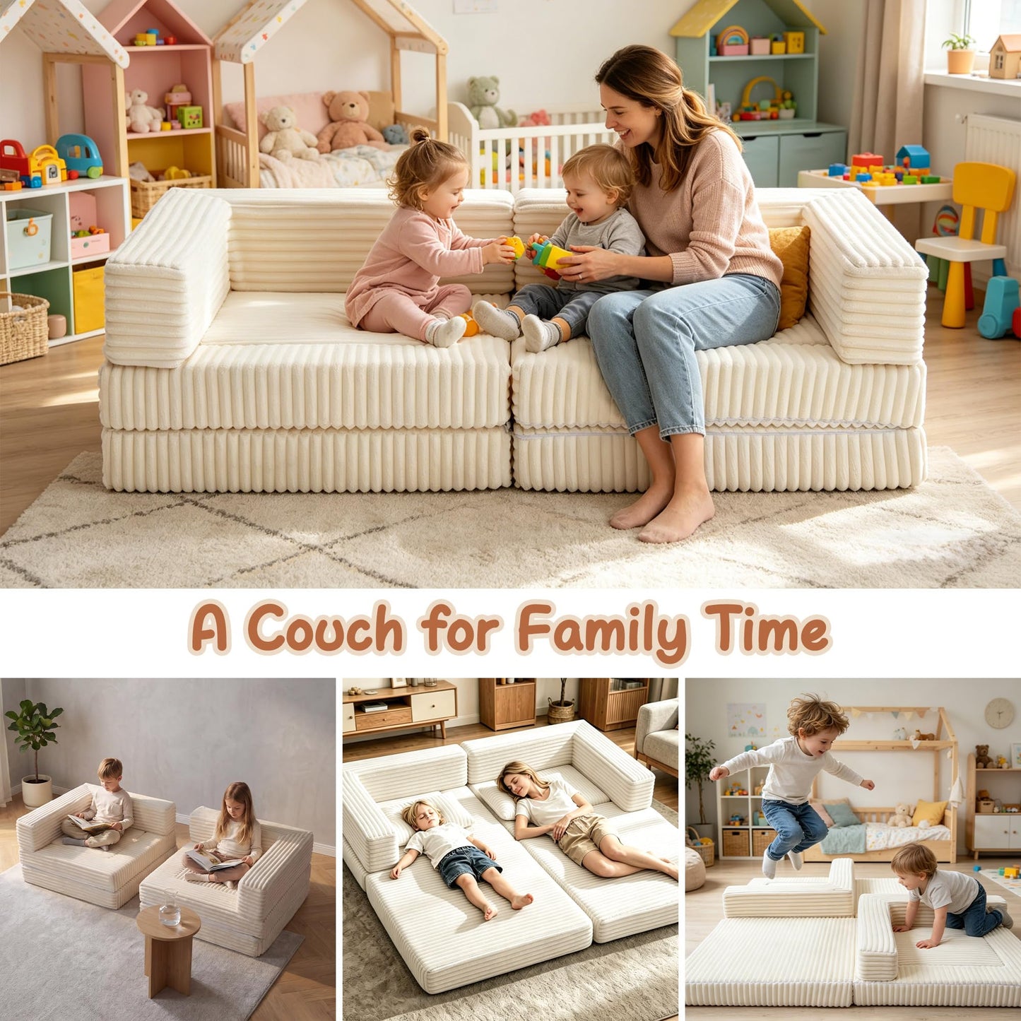 Umoving Modular Floor Sofa Couch Set of 2, Convertible Folding Lounge Sofa Bed with Adjustable Backrest, Family Seating for Kids, Teens & Adults, Gaming, Reading & Relaxing, White