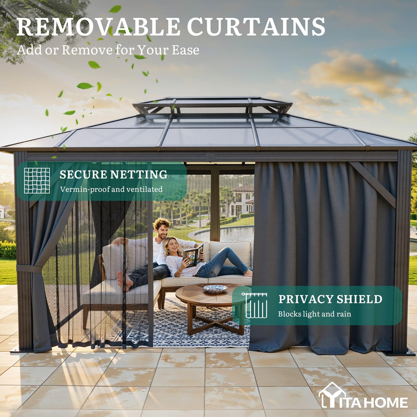 YITAHOME 10X12FT Polycarbonate Gazebo Outdoor Patio Double Top Canopy Galvanized Iron Garden Tent Curtains Netting for Backyards Decks Lawns,Gray