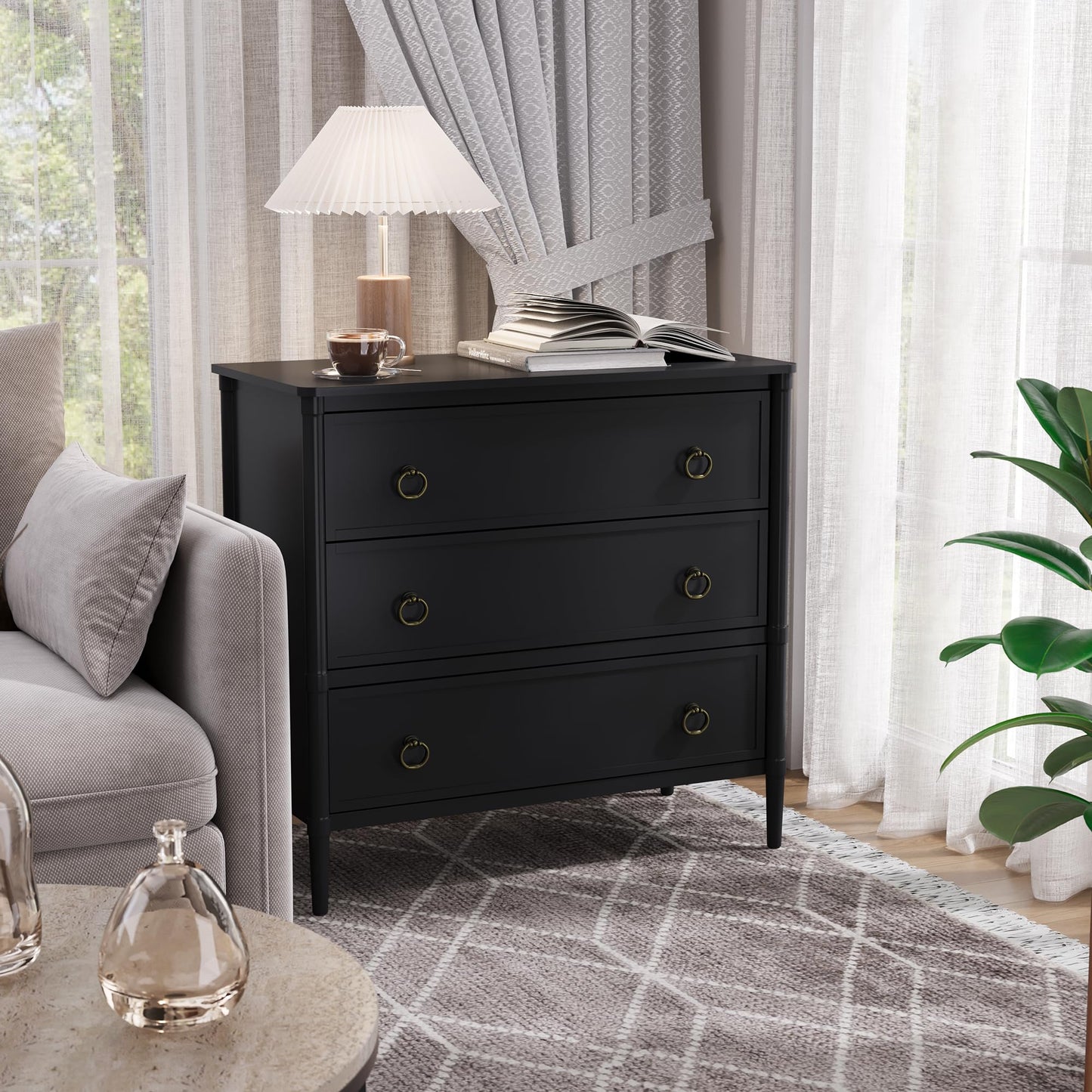 ZOSQUARE 3 Drawer Dresser, 32 Inch Wide Mid Century Chest of Drawers with Metal Handles, Storage Dresser for Bedroom, Nursery, Living Room, Dorm (Black)