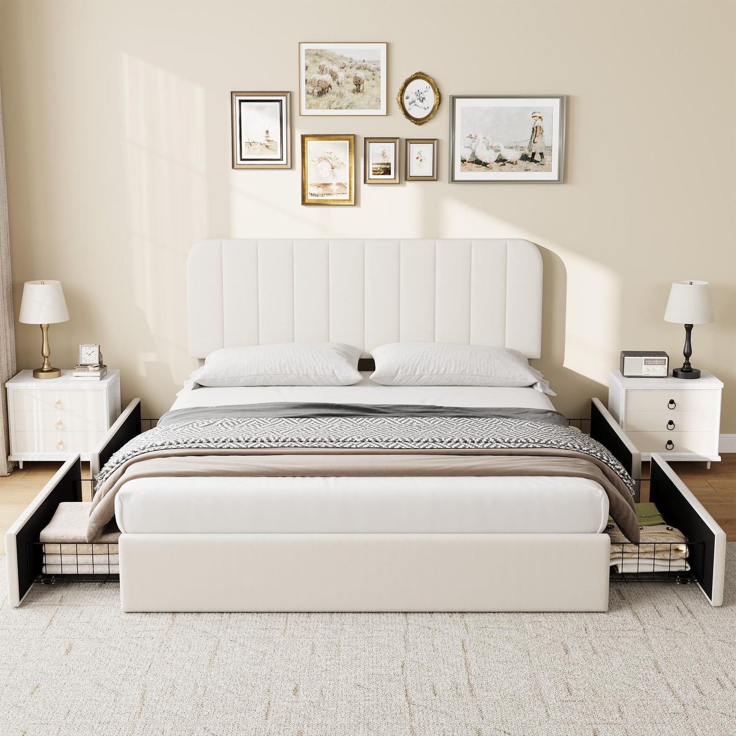 GarveeHome Queen Size Bed Frame, Velvet Upholstered Storage Bed with 4 Drawers, Adjustable Headboard, Modern Bedroom Furniture, Beige