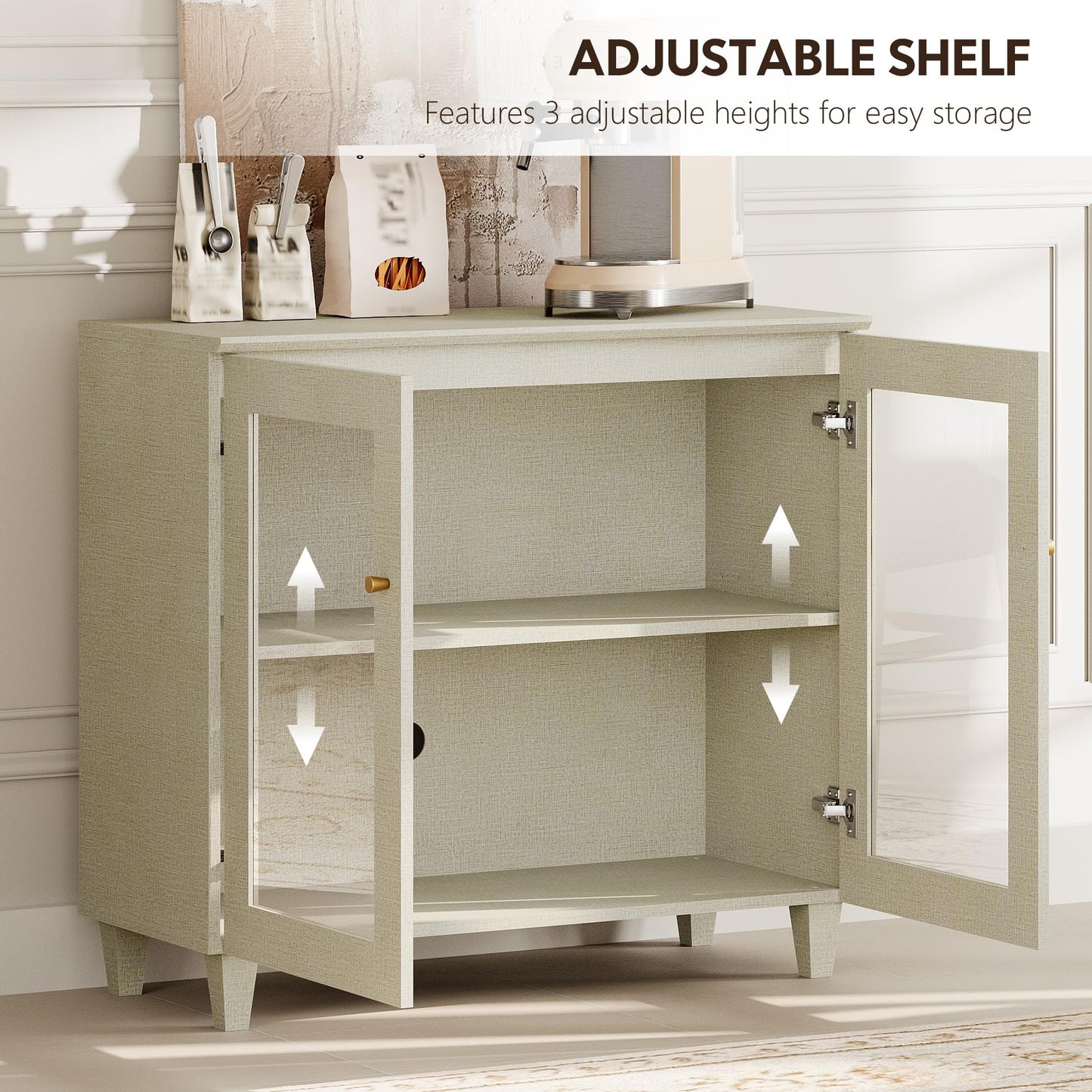 WAMPAT TV Stand for 75+ Inch TV, Media Console w/Glass Doors, Light Beige