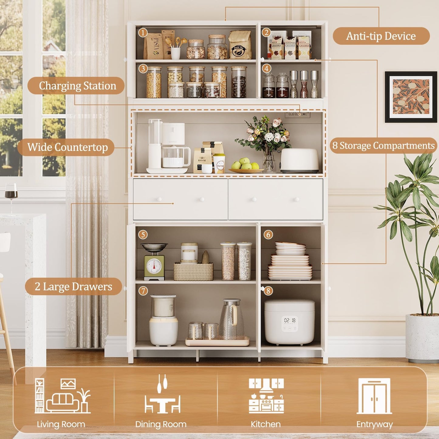 Garvee 71" H Pantry Cabinet with Charging Station, Tall Kitchen Pantry Storage Cabinet with Countertop, Modern Kitchen Hutch with Storage Drawers for Living Room, Dining Room, White