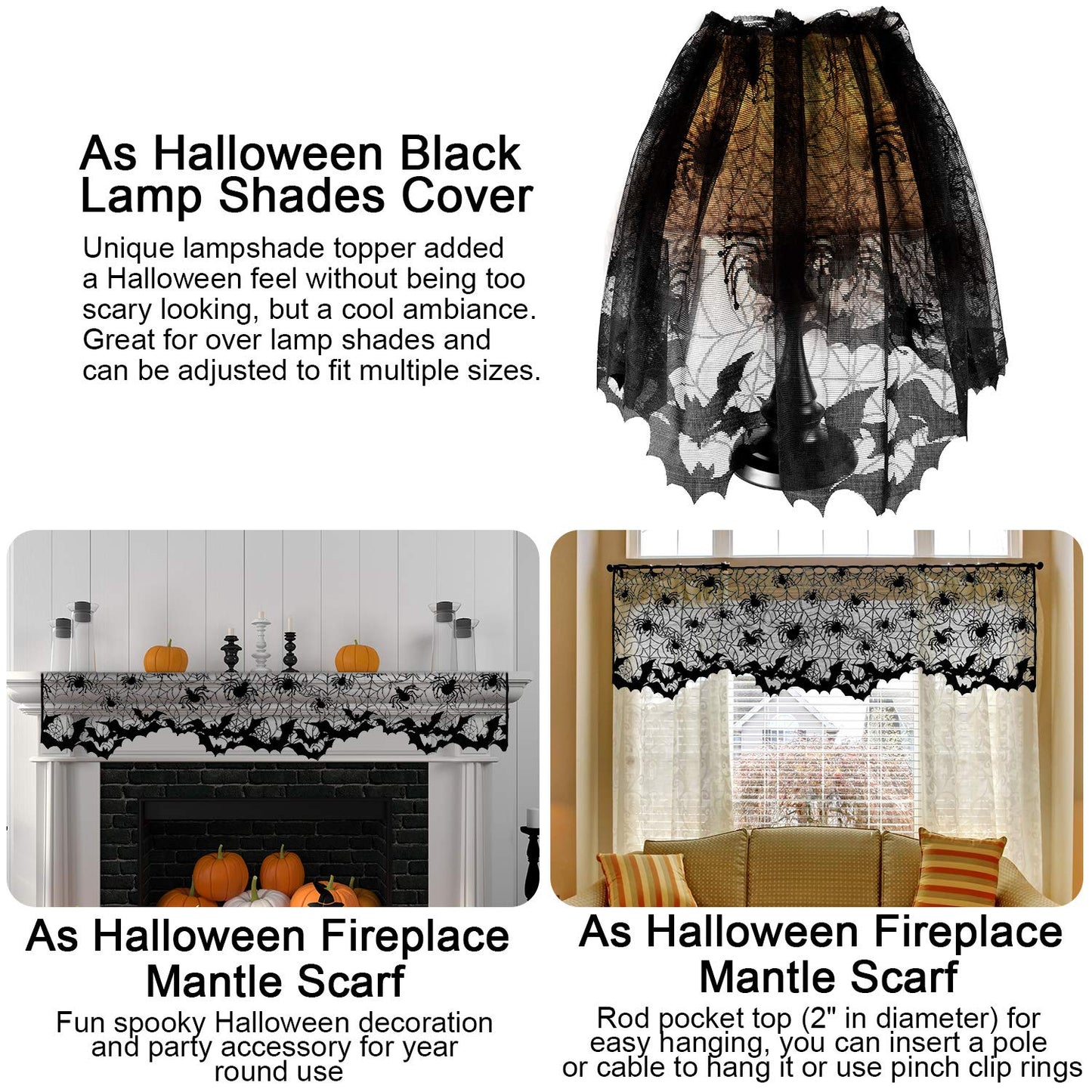 Boao Halloween Spider Web Lamp Shades, Black Lace Cover with Ribbons, Model Boao-Lace Lamp Cover-01