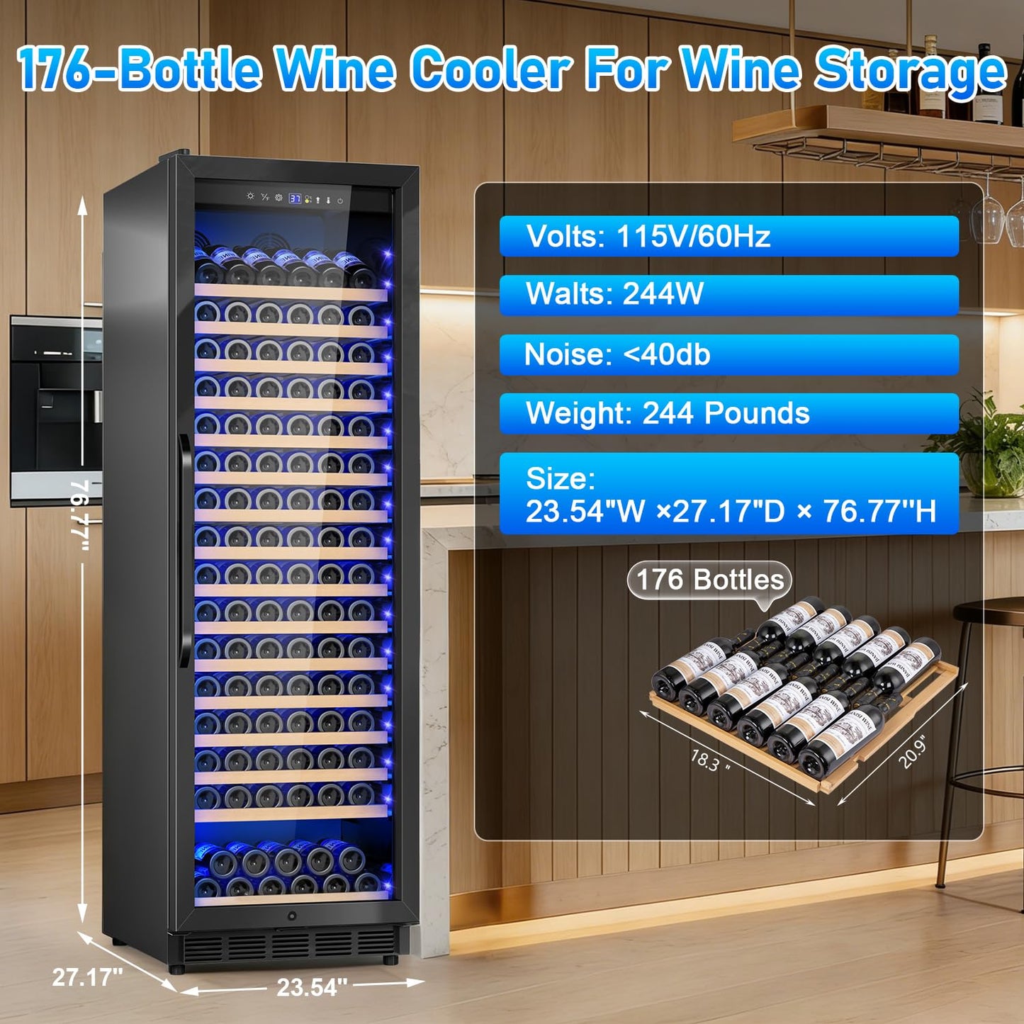 Velivi 24" Wine Cooler Refrigerator Black, 24 Inch Wide Large Capacity Freestanding/Built in Wine Fridge for 176 Bottles with Safety Lock, Professional Wine Cellar with Glass Door