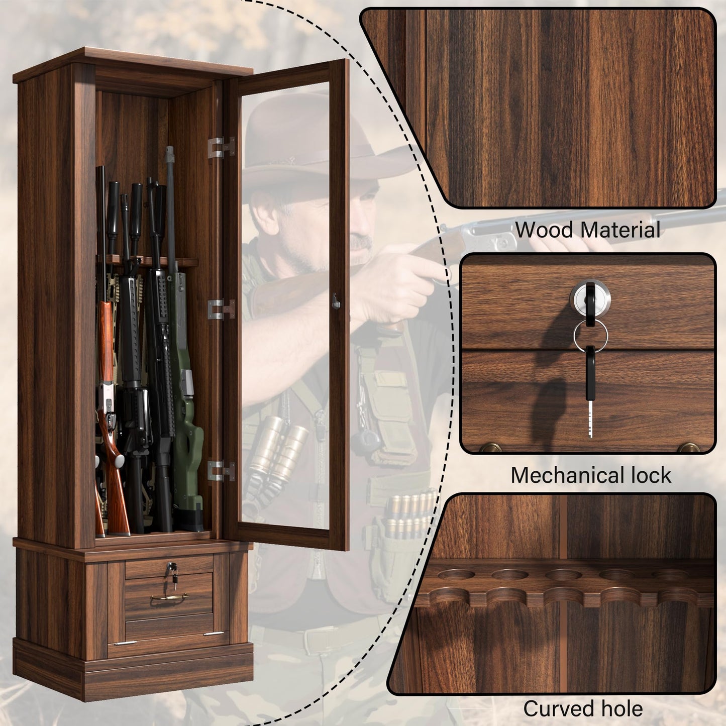 kepptory Gun Safe for 10 Long Rifles and Pistols, Gun Cabinet for Rifle with Mechanical Lock, Espresso Wood Gun Cabinet for Bedroom, Living Room, Easy Assembly