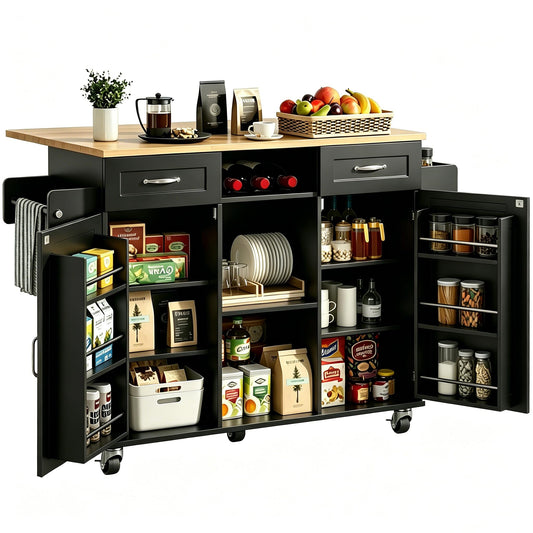 knoworld 51.5'' Rolling Kitchen Island with Storage Cabinet & Drawers, Drop Leaf Kitchen Cart on Wheels, Farmhouse Portable Mobile Islands, Large Butcher Block Table with Tower/Spice Rack, Black
