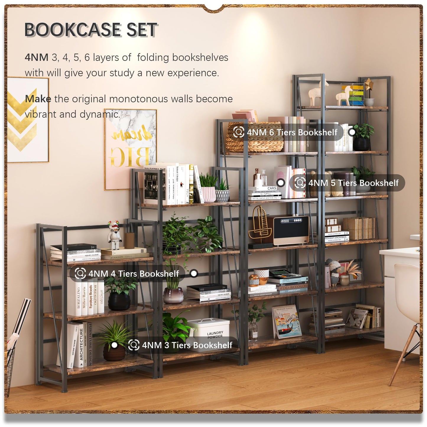 4NM No Assembly Folding Bookshelf, 6-Shelf 74" H Collapsible Foldable Bookcase Storage for Small Spaces, Rustic Brown and Black