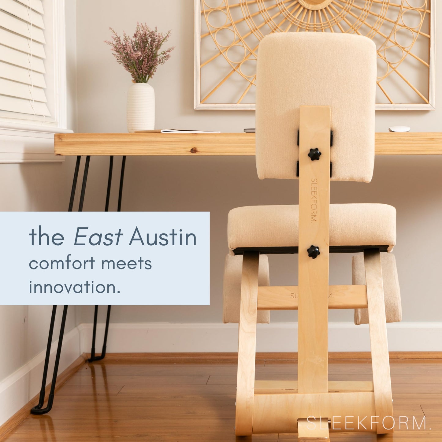 Sleekform East Austin Ergonomic Kneeling Chair with Back Support - Winter Linen and Wood Ergo Stool for Desk - Best Ergonomic Kneeling Office Chair for Posture and Leg Circulation