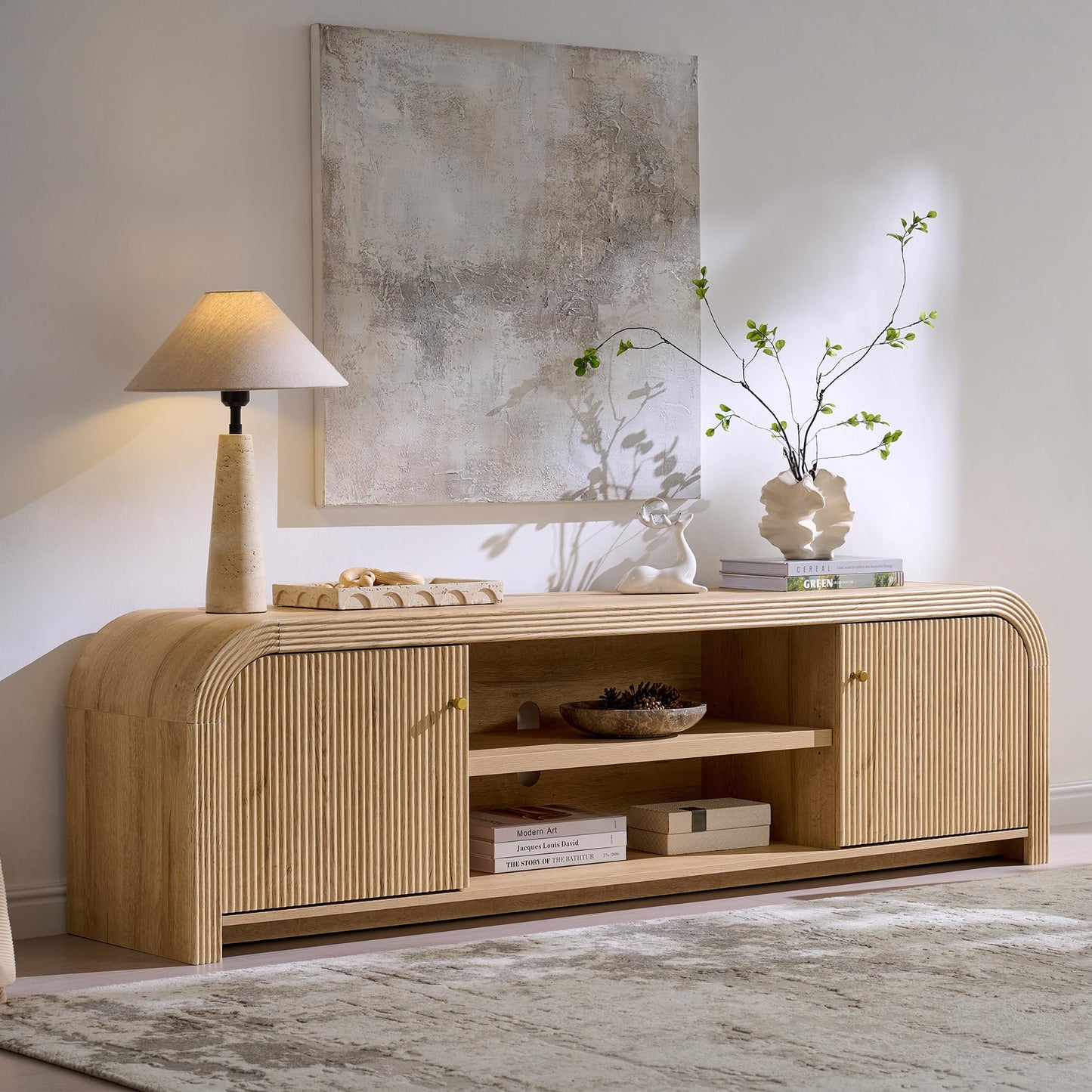 T4TREAM 70" Modern Fluted TV Stand with Storage, Natural Oak