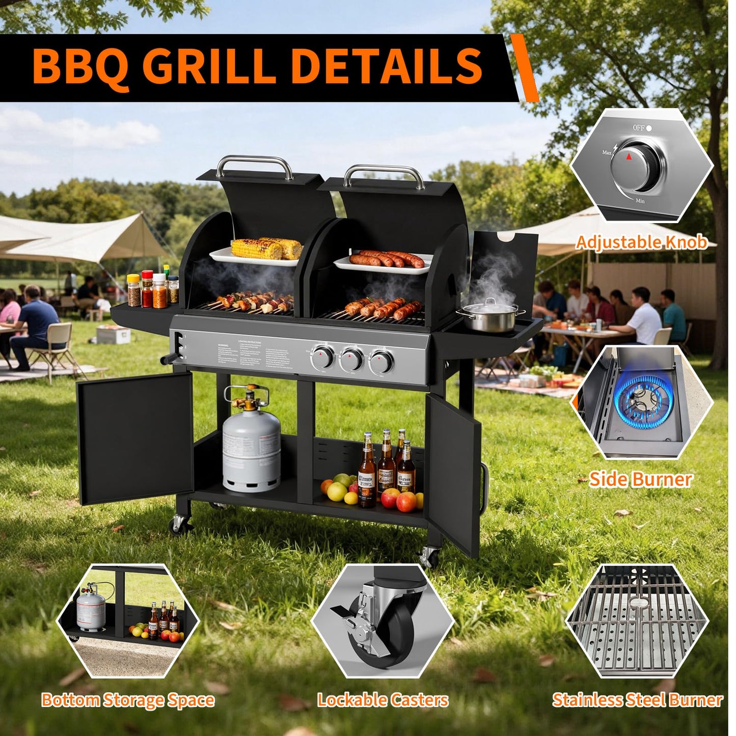 Charcoal and Propane Gas Grill Combo with Side Burner & Porcelain-Enameled Cast Iron Grate, 24,000 BTU Dual Fuel BBQ Grill for Backyard, Outdoor, Patio, Camping, 690 SQIN Cooking Area