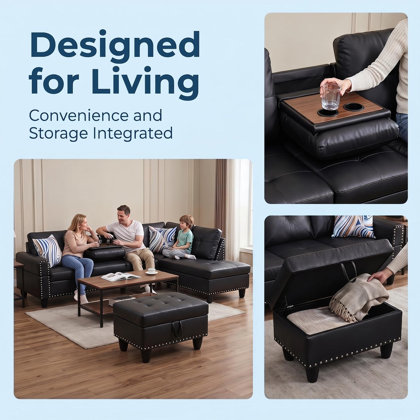 Trygoal 97.5" Leather L Shaped Couch with Right Chaise & Cup Holder, Sectional Sofas Modular Furniture Set with Storage Ottoman, Convertible Couches for Living Room, Small Space & Office (Black)