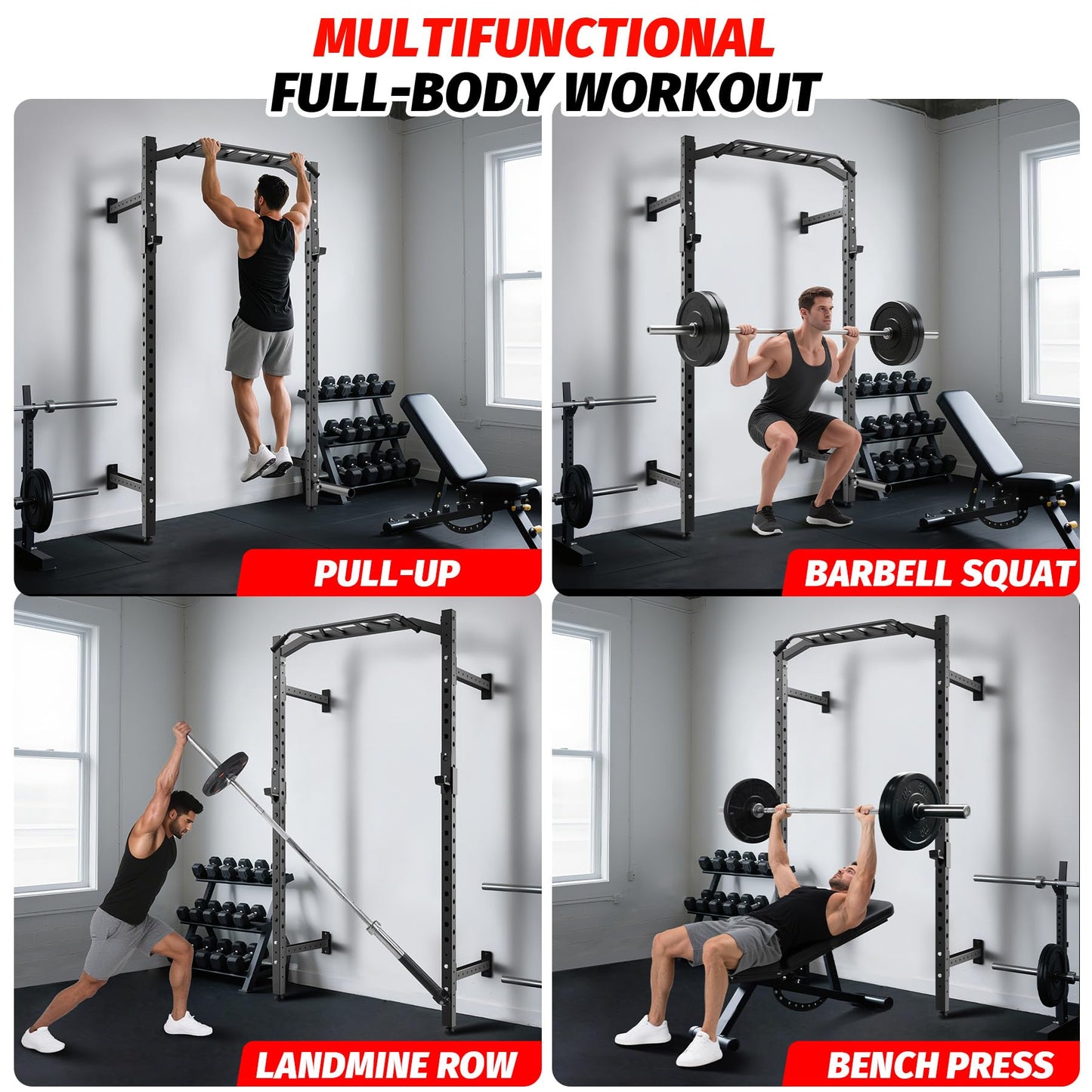Garvee Wall Mounted Power Rack, 1600LB Commercial Squat Rack for Home Gym with Multi-Grip Pull Up Bar, j-Cups & Landmine Attachment for Home and Garage Gym