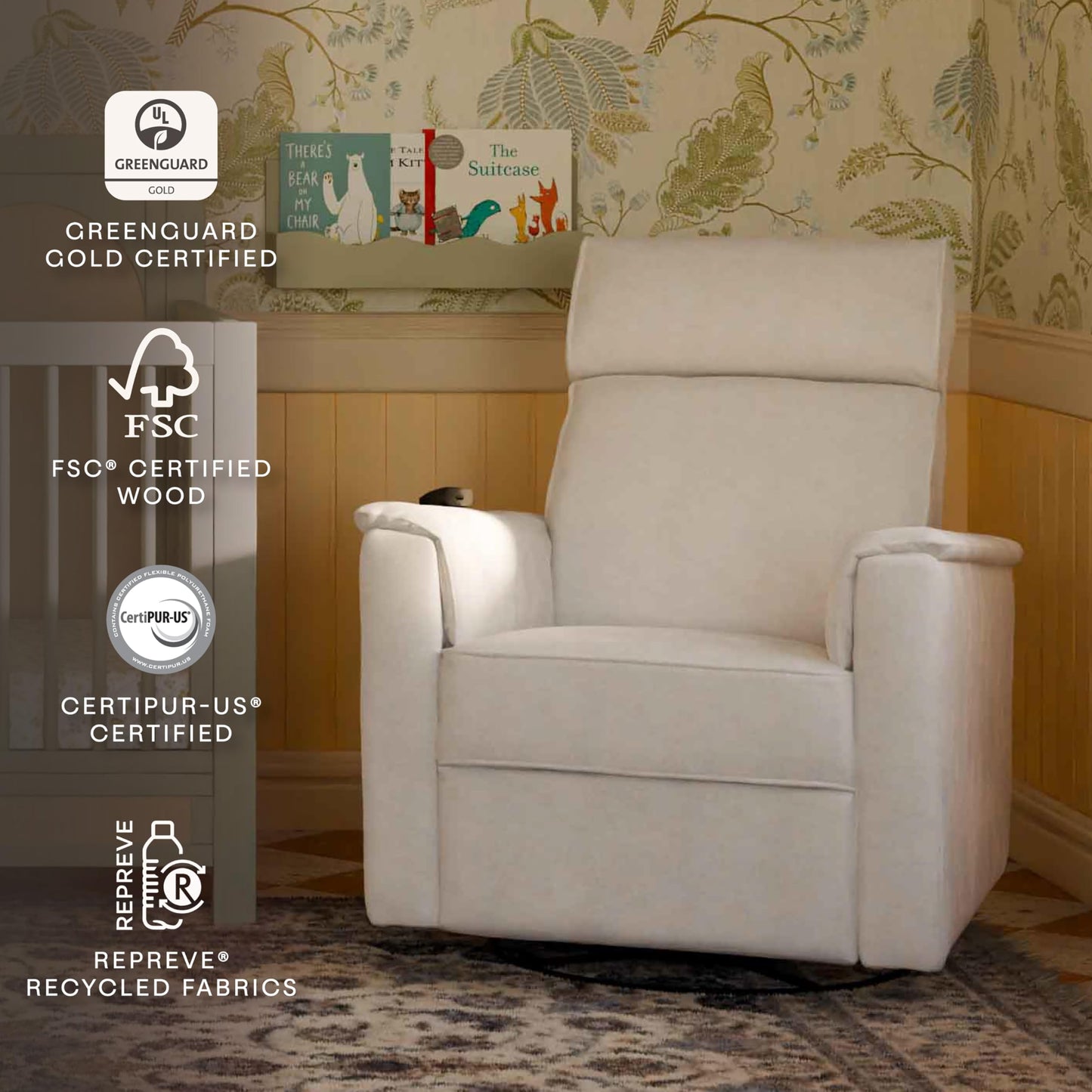 Namesake Willa Deluxe Power Recliner & Swivel Glider with Heat & Massage in Performance Cream Eco-Weave, Built-in USB Charging Port, Greenguard Gold & CertiPUR-US® Certified