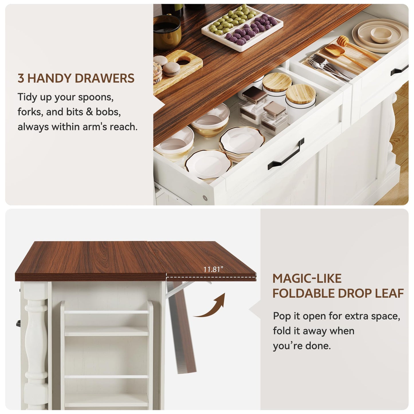 Homiflex Kitchen Island on Wheels, Islands Table with Power Outlet & Trash Cabinet, 47.6" Roman Kitchen Island with Drop Leaf Tabletop, Coffee Cart with Spice Rack & Drawers & Cabinets Rolling Islands