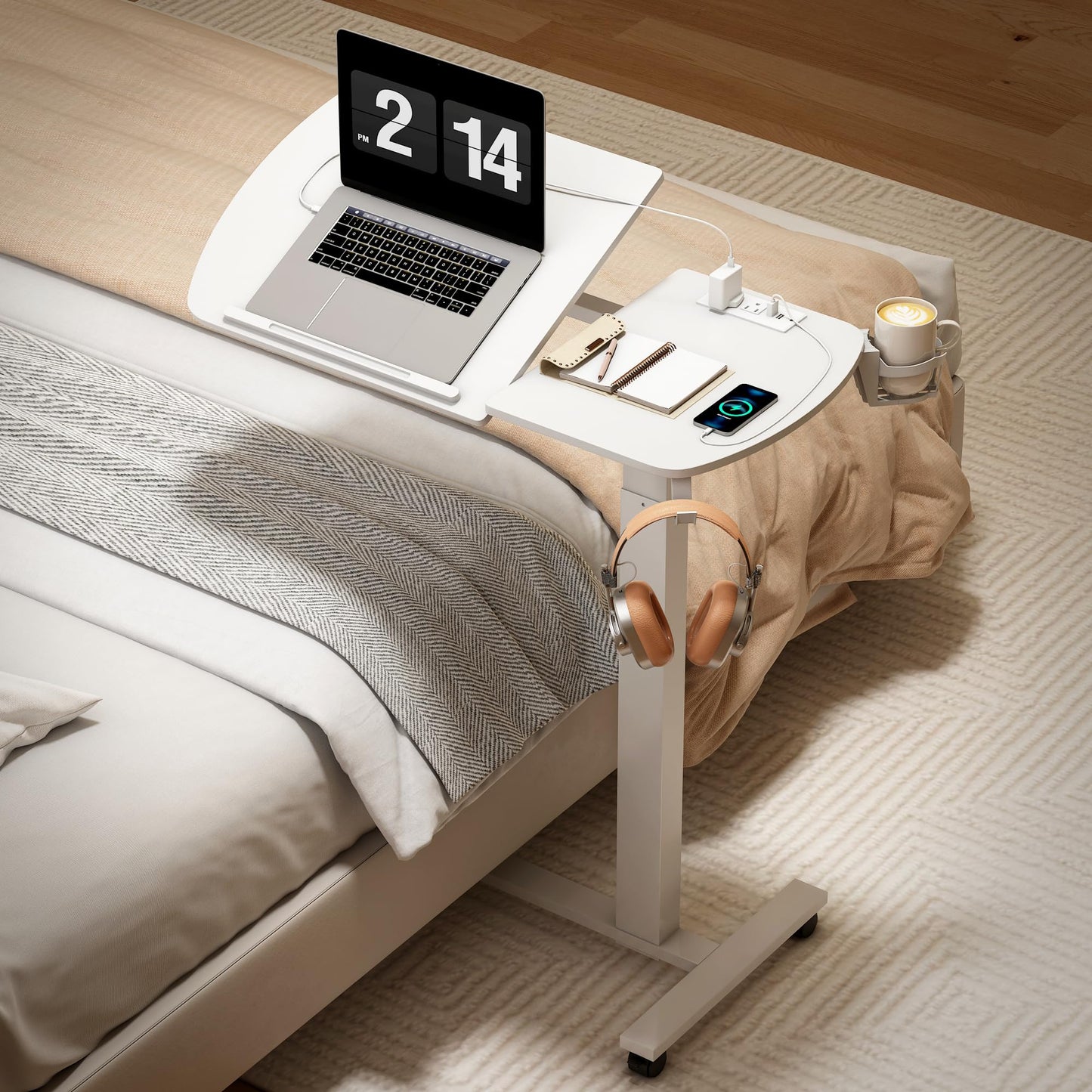 6 In 1 Overbed Bedside Table with Wheels, 32'' Long 90° Medical Adjustable Tilt Hospital Bed Table, Standing Desk with Charging Station Cup Holder Hook, 30''-43'' Height Home Hospital Office (White)