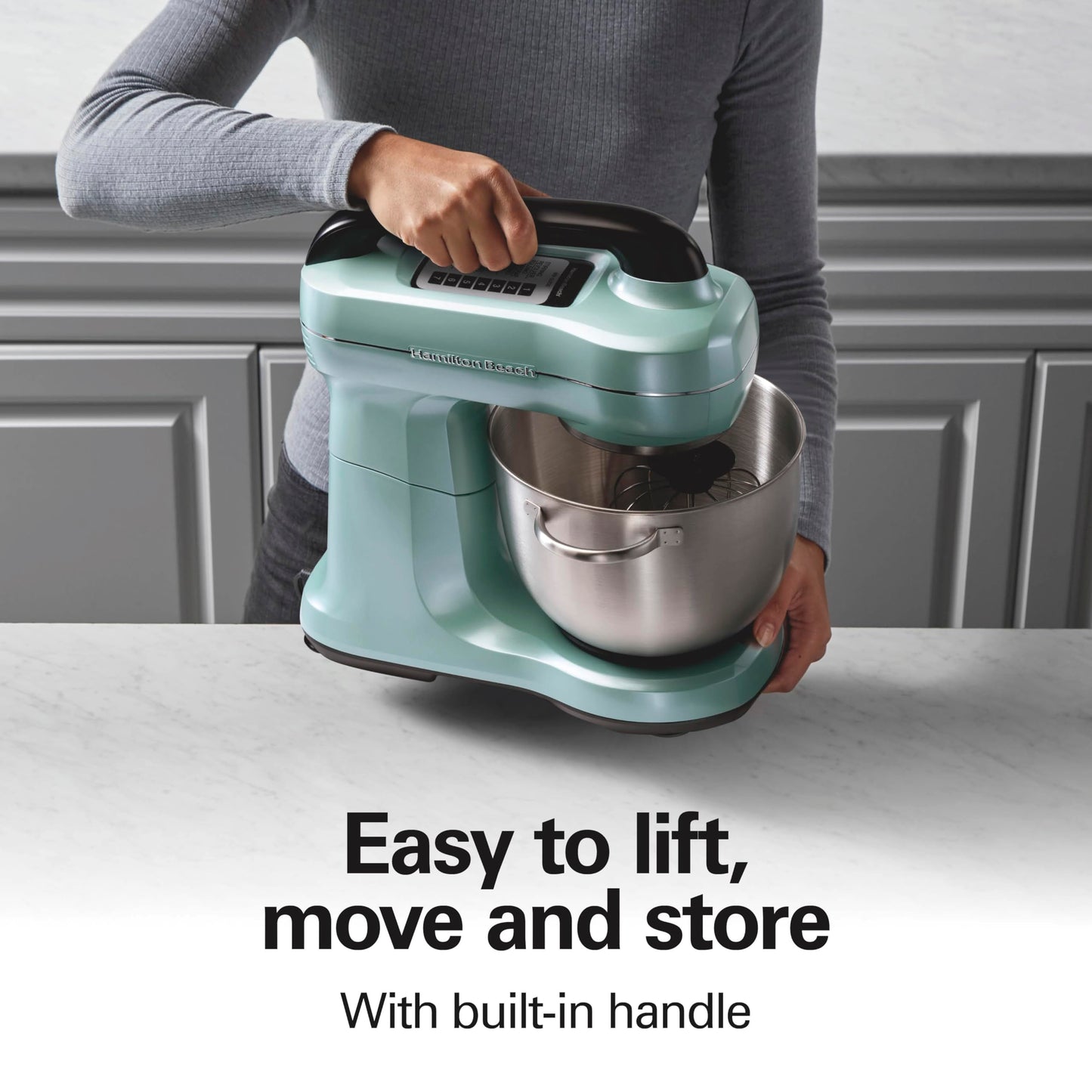 Hamilton Beach Electric Stand Mixer, 4 Quarts, Dough Hook, Flat Beater Attachments, Splash Guard, 7 Speeds with Whisk, Easy-Carry Top Handle, Aqua