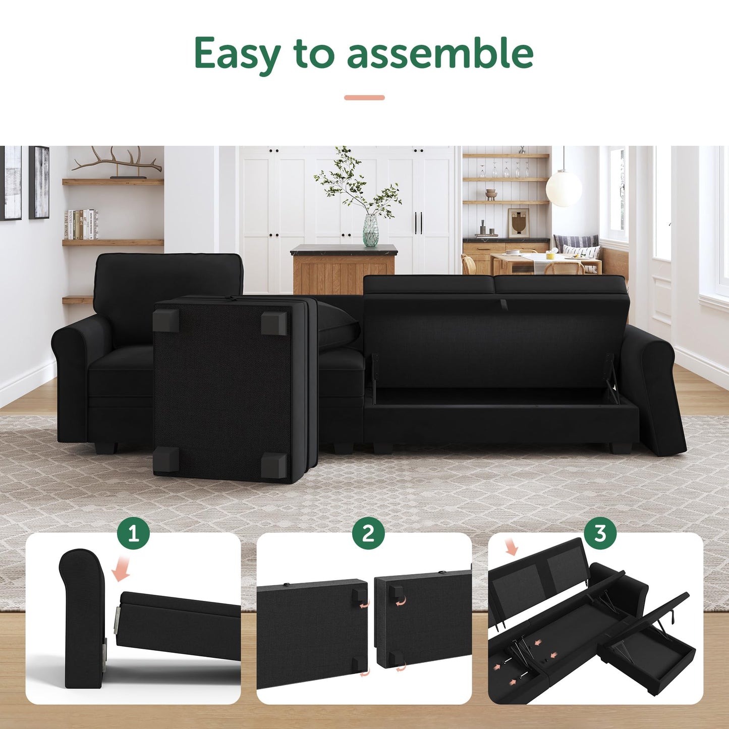 HONBAY Sectional Sofa with Storage Seat Velvet U Shaped Couch with Reversible Chaise Convertible Sectional Couches for Living Room,Black Velvet