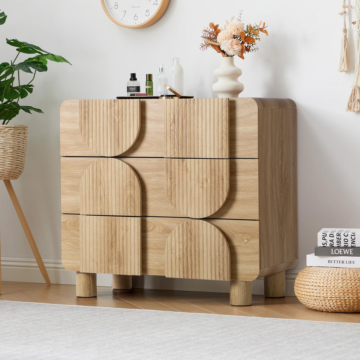 Janmer Home 3 Drawer Dressers for Bedroom, 31.5" Wide Large Mid Century Modern Fluted Nightstand, Wood Dresser & Chest of Drawers with Curved Profile for Living Room, Entryway, Hallway, Natural