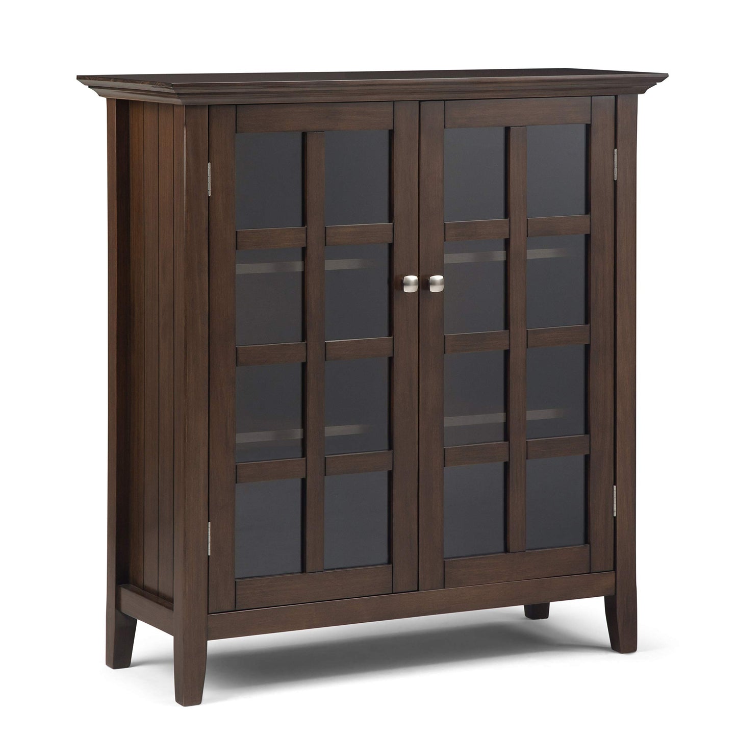 SIMPLIHOME Acadian Storage Cabinet - 39 inch Wide Solid Wood 4-Shelf Display Cabinet in Natural Aged Brown, Transitional Cupboard for Living Room or Dining Room with Glass Doors and Adjustable Shelves