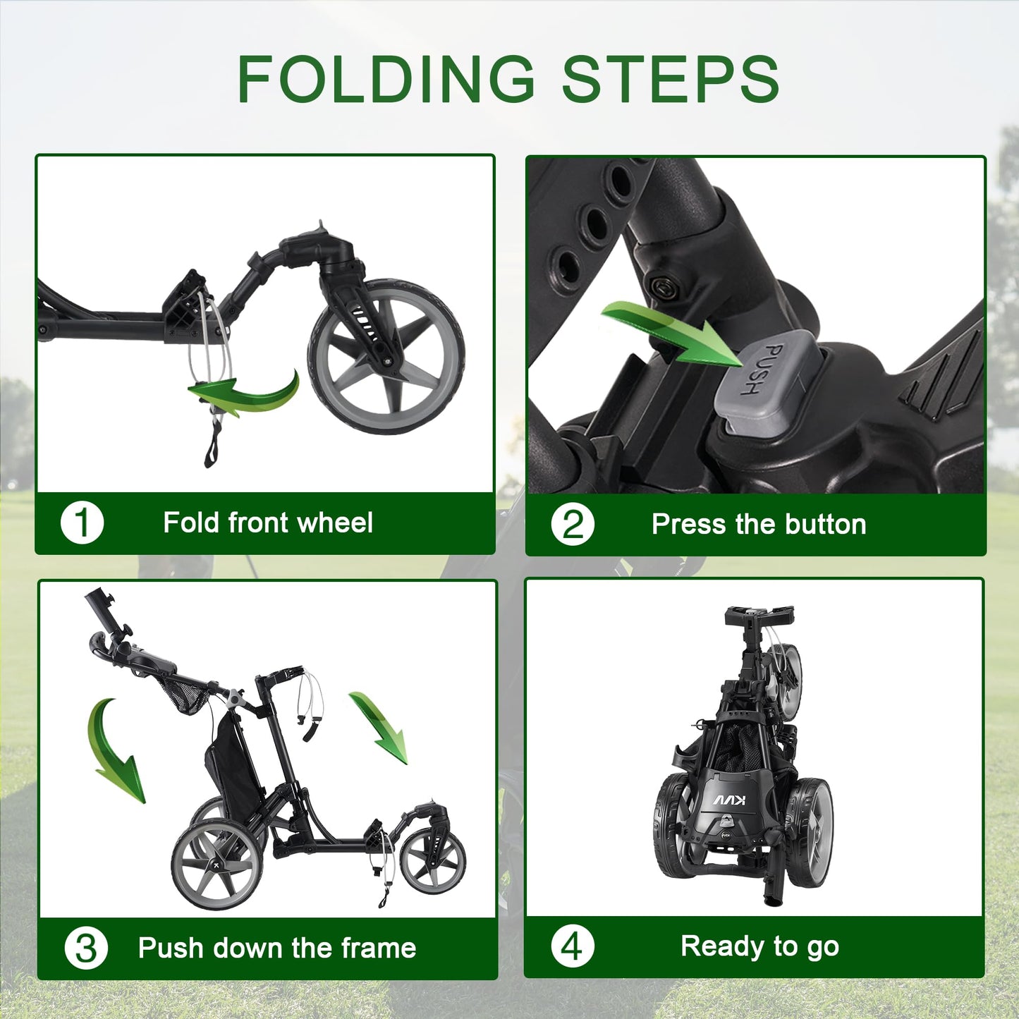 KVV 3 Wheel 360 Rotating Front Wheel Foldable/Collapsible Golf Push Cart with Foot Brake Open and Close in ONE Second-Free Umbrella Holder Included(Black/Charcoal)