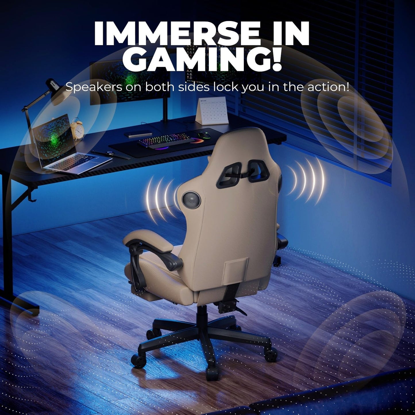 GTPLAYER Gaming Chair with Speakers ACE-PRO, Computer Video Game Chairs with Footrest for Adults, Built-in Speakers, App Support & Bluetooth Control, Ergonomic Reclining Silla, Linkage Armrest, Ivory