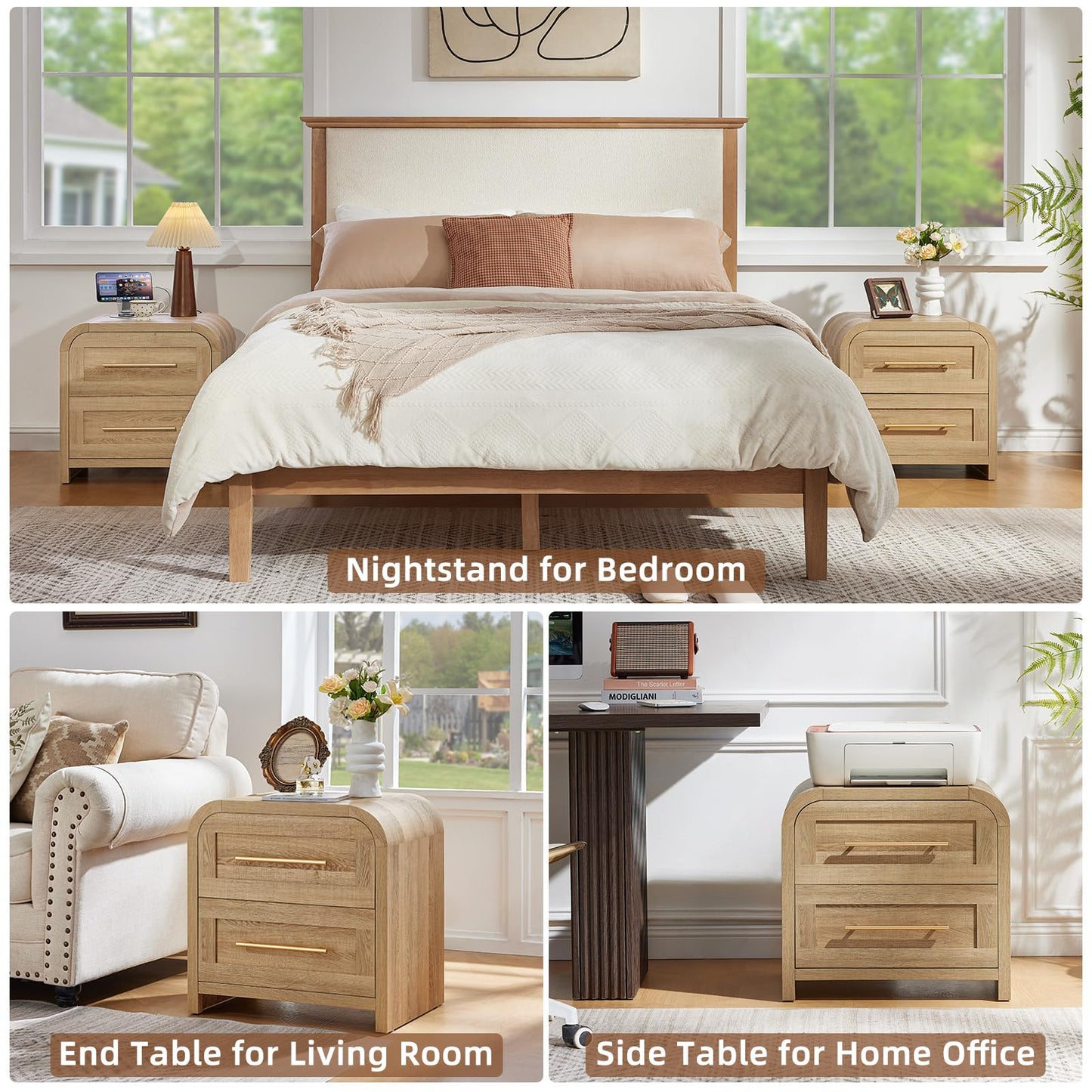 JINVICJIASI Night Stand Set 2 with Charging Station, Curved Modern Nightstand with 2 Drawers & Metal Handle,22" Mid Century Side End Tables, Thick Desktop Bedside Table Storage Cabinet for Bedroom