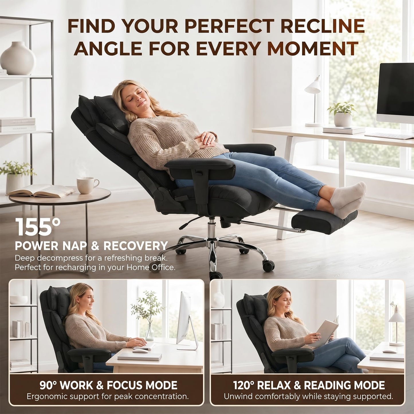 mokodo Big and Tall Office Chair 400lbs, Breathable Fabric Executive Desk Chair with Pocket Spring Cushion, 155° Reclining Computer Chair with Integrated Headrest & Lumbar Pillow (Black)