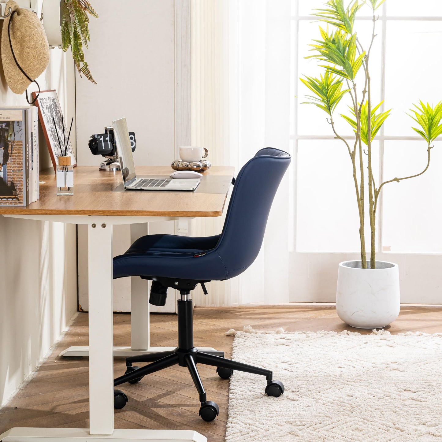 YOUTASTE Navy Blue Office Chair, Faux Leather Armless Desk Chair with Wheels, Height Adjustable, Swivel, Rocking, 300 lbs Capacity, Metal Base, for Home Office Vanity, Purple