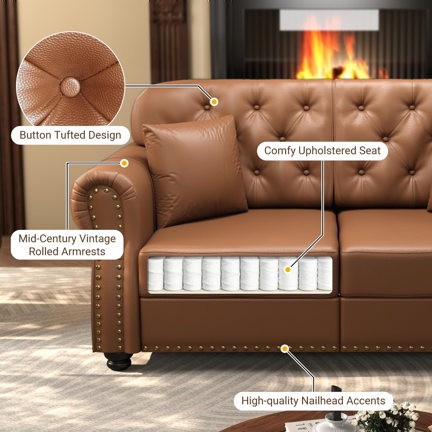 KEIKI 2-Piece Chesterfield Sofa Set with 1 Faux Leather 3-Seater Sofa & 1 Loveseat Sofa, Upholstered 5-Seater Couch Set with Nailhead Trim & Rolled Arms & 1 Ottoman & 5 Pillow, for Living Room, Brown