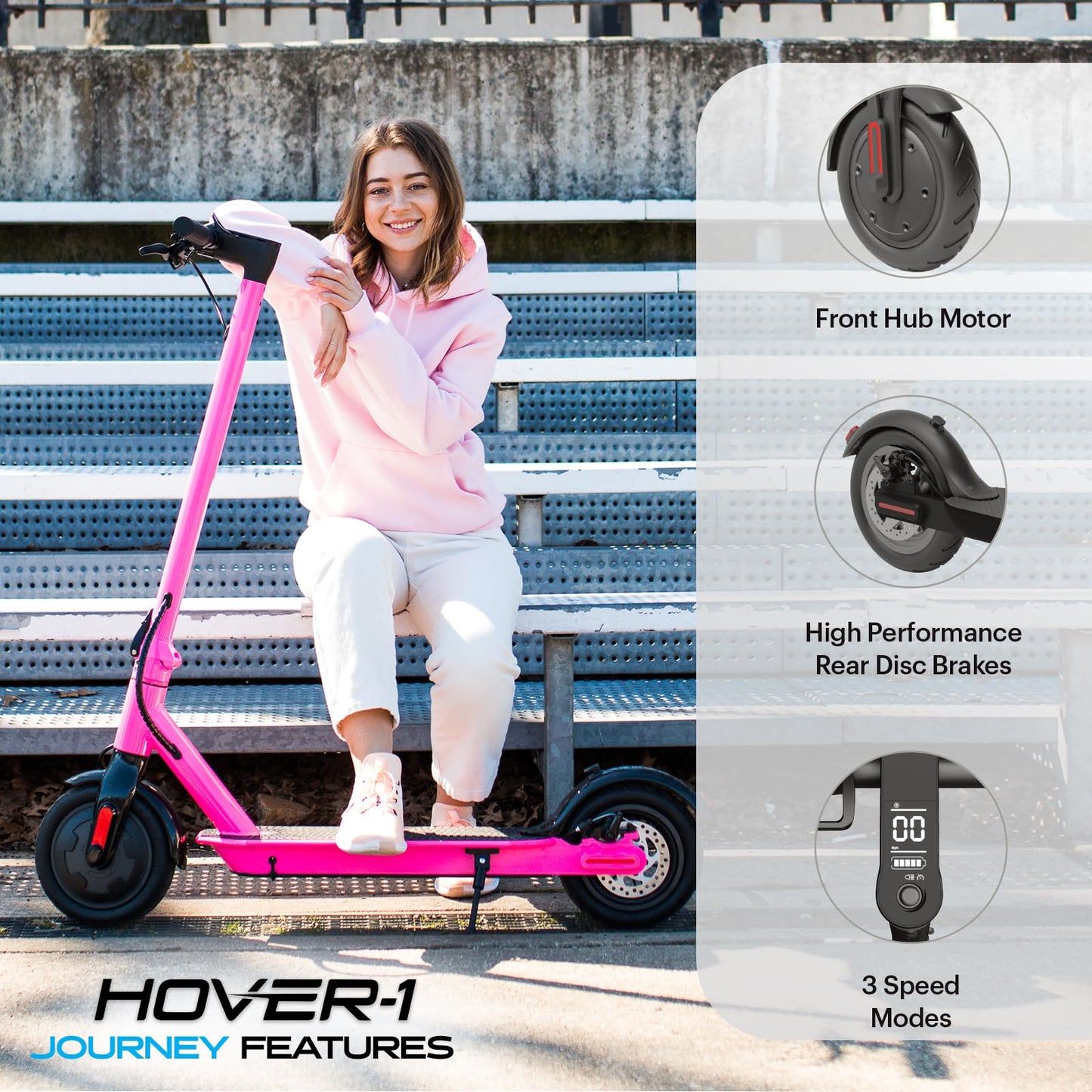Hover-1 Journey Folding Electric Scooter | 15 MPH, 16 Mile Range, 5HR Charge, LCD Display, 8.5 Inch High-Grip Tires, 264LB Max Weight, Certified & Tested - Safe E Scooter for Kids, Teens & Adults