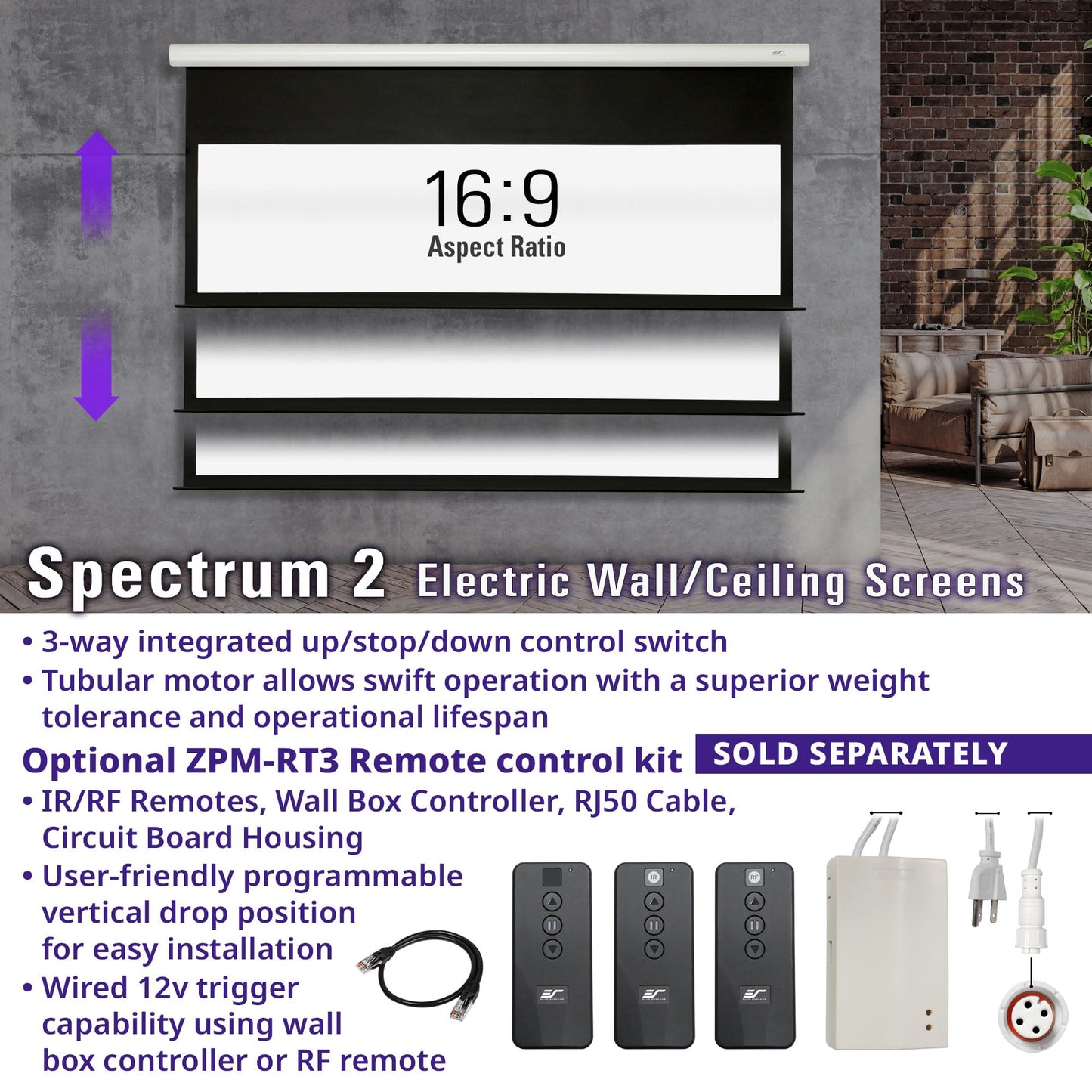 Elite Screens Spectrum 2 Electric Motorized Projector Screen, 100-Inch 16:9, 12-Inch Drop Down, MaxWhite FG 4K/8K UHD, SPM100H-E12
