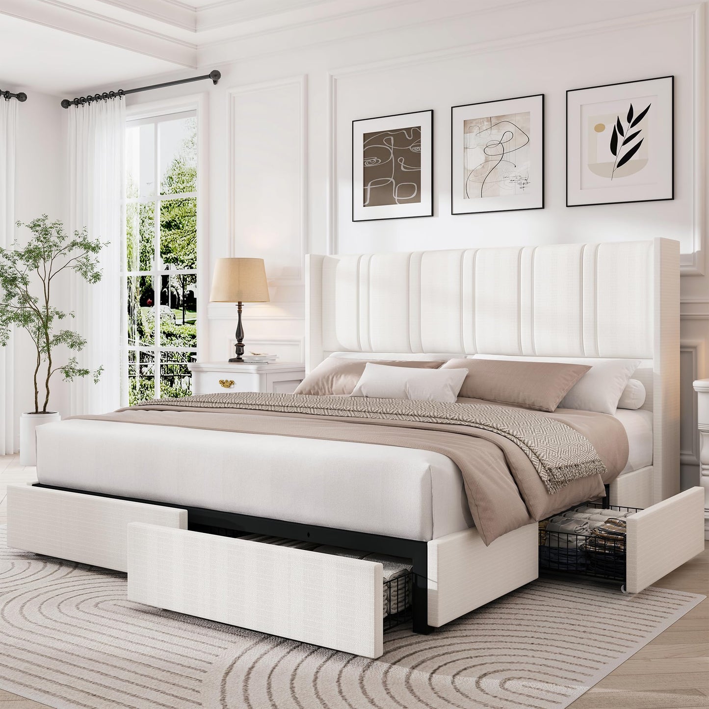 LARMACE Queen Size Bed Frame with 4 Storage Drawers and Wingback Headboard Linen Upholstered Platform Bed Frame with Wooden Slats, Easy Assembly, White