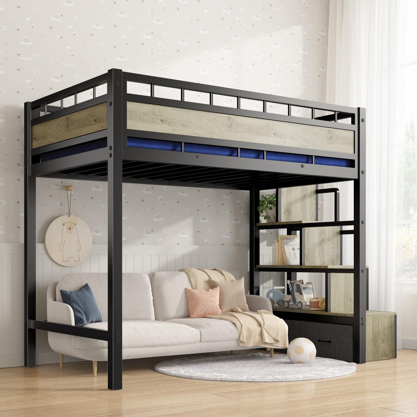 SDHYL Twin Size Loft Bed, with Storage Stairs & Drawers,Space-Saving Heavy-Duty Metal Bed Frame, No Box Spring Needed, Ideal for Dorms and Small Rooms, Easy Assembly, Black