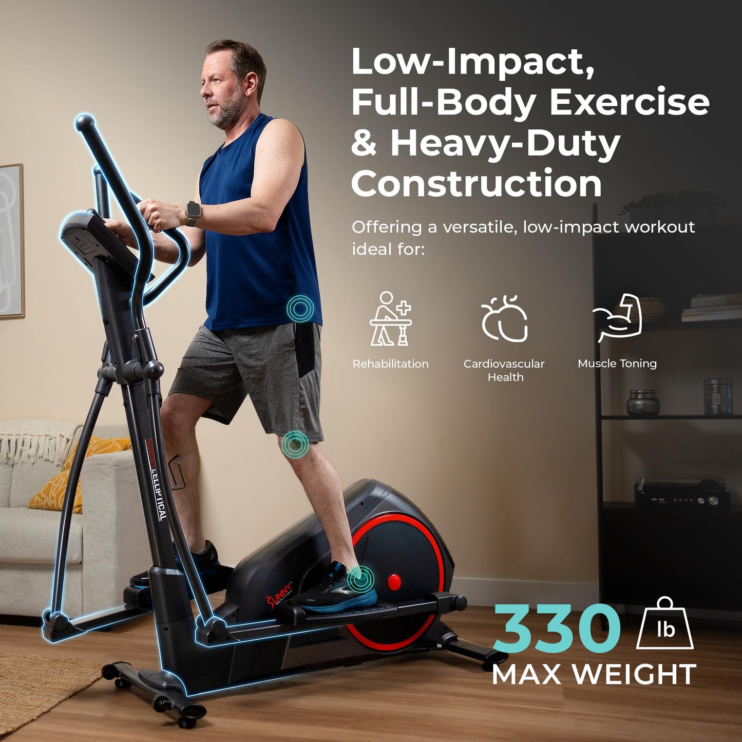 Sunny Health & Fitness Smart Heavy-Duty Elliptical Exercise Machine, 330LB Load Full Body Cardio Cross Trainer for Senior, Home Training Equipment + Arm/Leg Exerciser, Free SunnyFit App Bluetooth Link