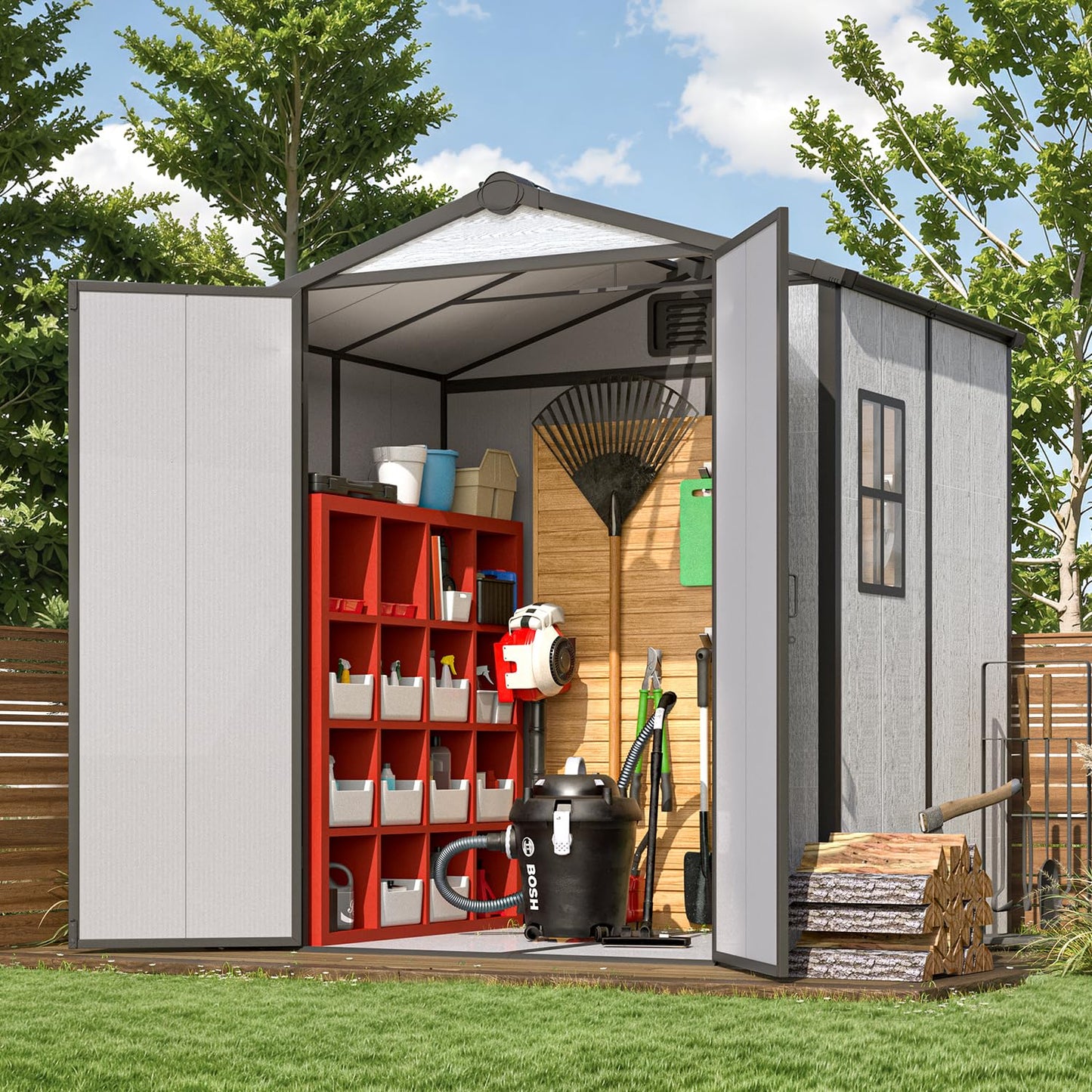 MELLCOM 6x4 FT Resin Outdoor Shed with Lockable Door and Floor, Garden Plastic Storage Shed with Windows, Resin Outdoor Storage Tool Shed for Bike, Garbage Can, Lawnmower
