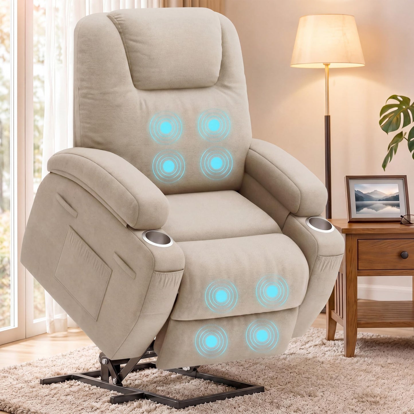 Flamaker Power Lift Chair Massage Recliner Chairs for Elderly - Ergonomic Design with Cup Holders & Side Pockets, Remote Control (Beige)