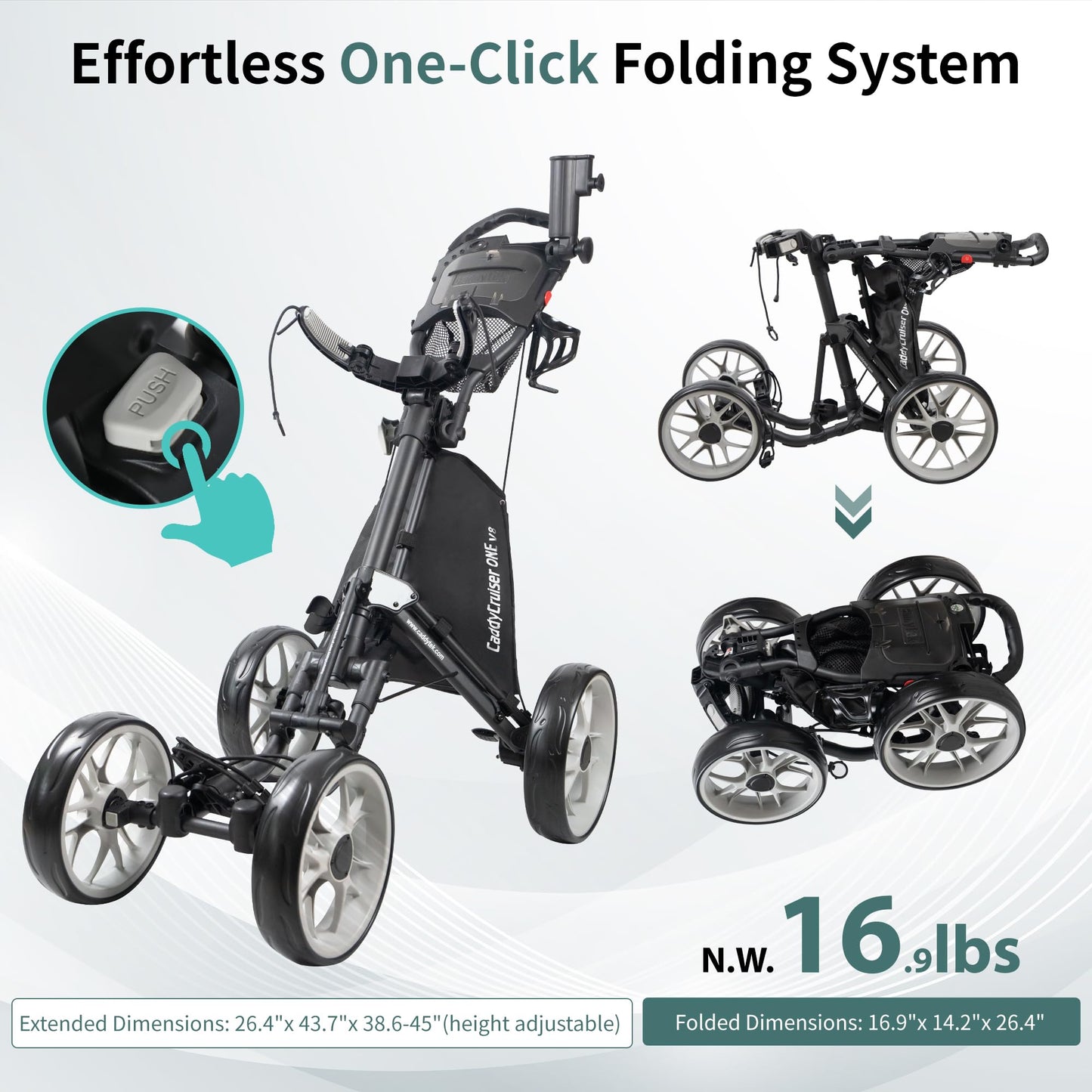 Caddytek CaddyCruiser ONE V8 4 Wheel Golf Push Cart - Lightweight Aluminum Foldable Cart with EVA Wheels, Foot Brake, Adjustable Handle, Cooler Basket, Umbrella Holder, Drink Holder, Scorecard Console