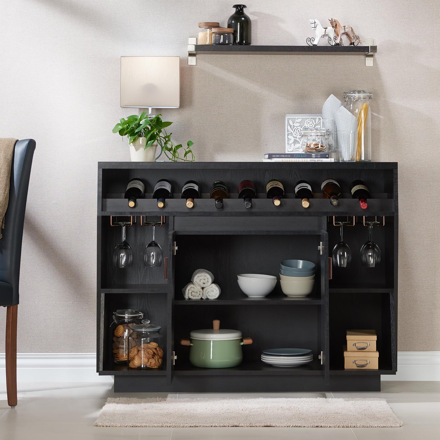 Furniture of America Polizzi Modern 5-Shelf Wood 36 in. Buffet with Wine Bottle and Stemware Rack, 2 Cabinet Doors for Dining Room, Kitchen, ‎Black
