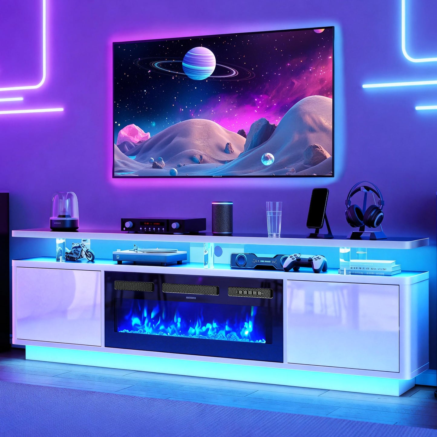 MXV 70" Fireplace TV Stand for TVs up to 80", Entertainment Center with 36" Fireplace & Double LED Lights, TV Console with Storage Cabinets for Living Room, Home Office, White