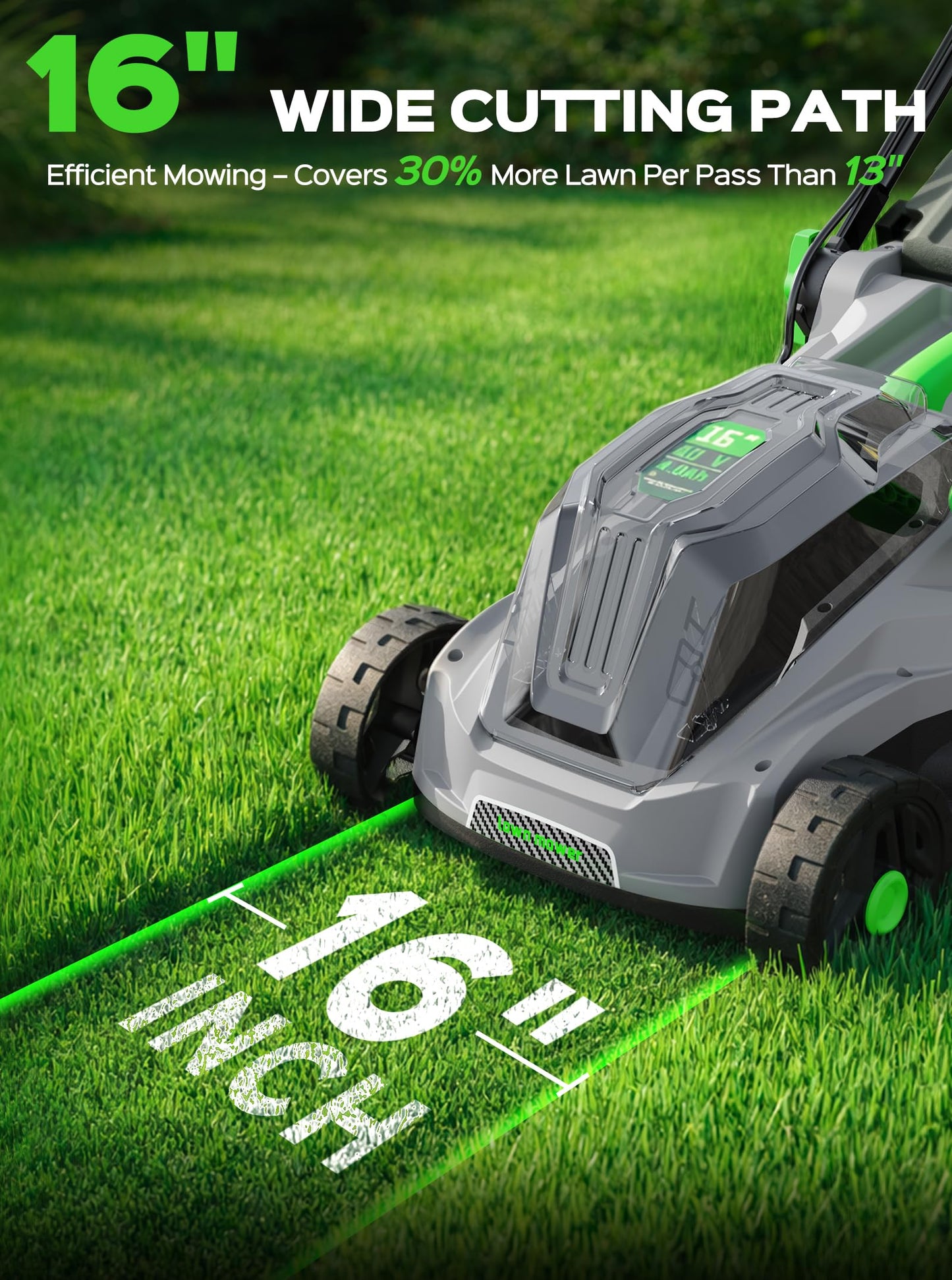 TIECTOWN 40V 16-Inch Brushless Cordless Lawn Mower with 4.0Ah Battery & Charger, 2-in-1 Electric Push Mower, 5-Position Height Adjustment, Lightweight, Compact Storage, for Small Yards - Green