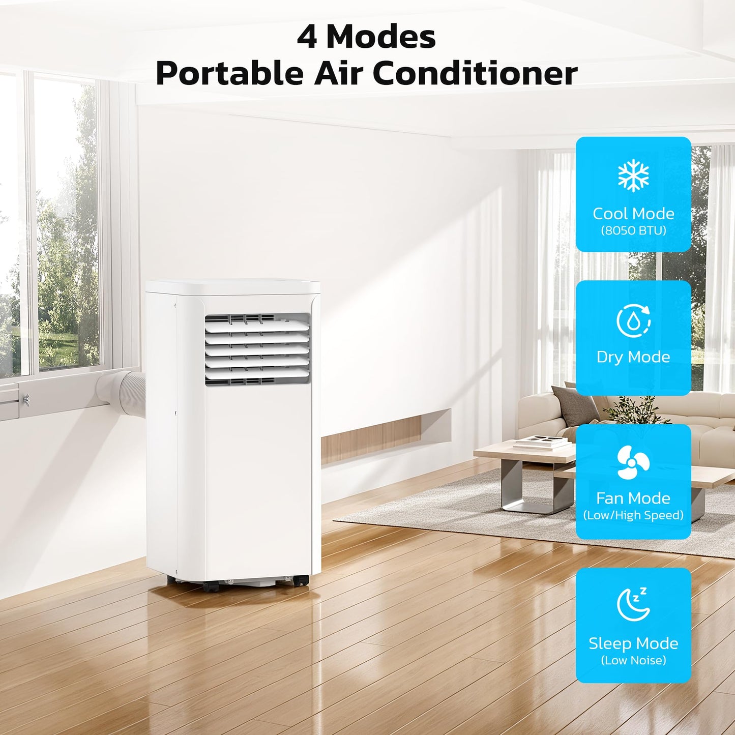 Electactic 8050 BTU Portable Air Conditioner for Rooms up to 450 Sq.Ft, 4 Modes Portable AC Unit with Cool, Dry, Fan and Sleep Modes, Remote and LED Display, Installation Kits for Home, Apartment
