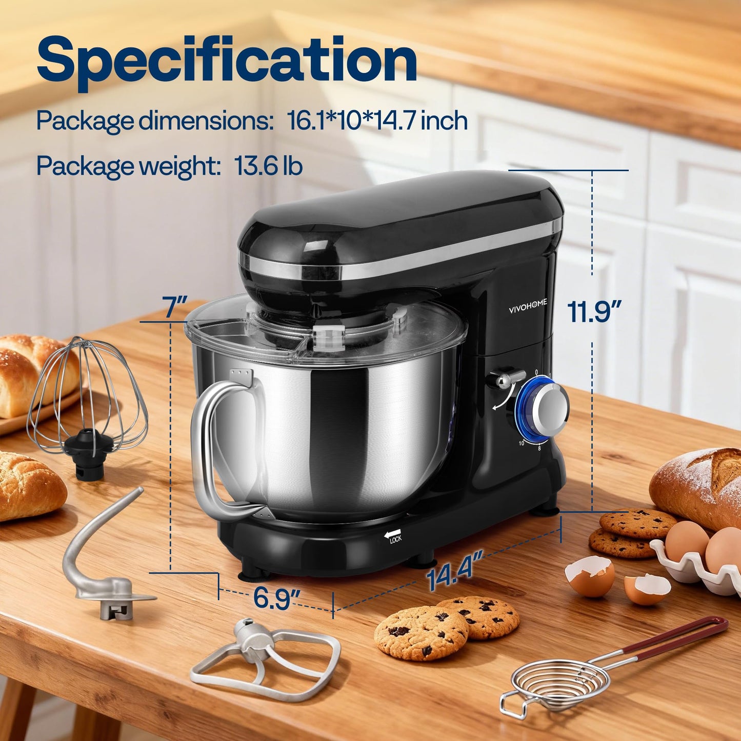 VIVOHOME Stand Mixer, 660W 10 Speed 6 Quart Tilt-Head Kitchen Electric Food Mixer with Beater, Dough Hook, Wire Whip and Egg Separator, Black