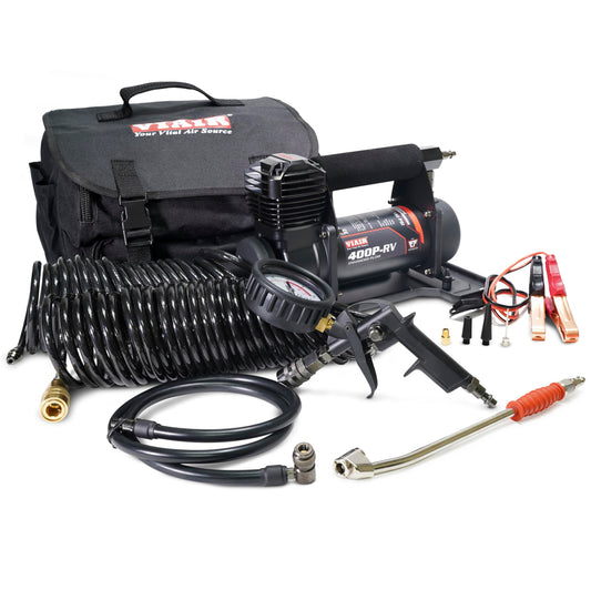 VIAIR 400P-RV EF Enhanced Flow - 40144 12V Tire Inflator Portable Air Compressor with RV Inflation Gun, 90 Degree Chuck | 33% Duty Cycle @ 100 PSI, Max Pressure 150 PSI (SAE, Alligator Clips)