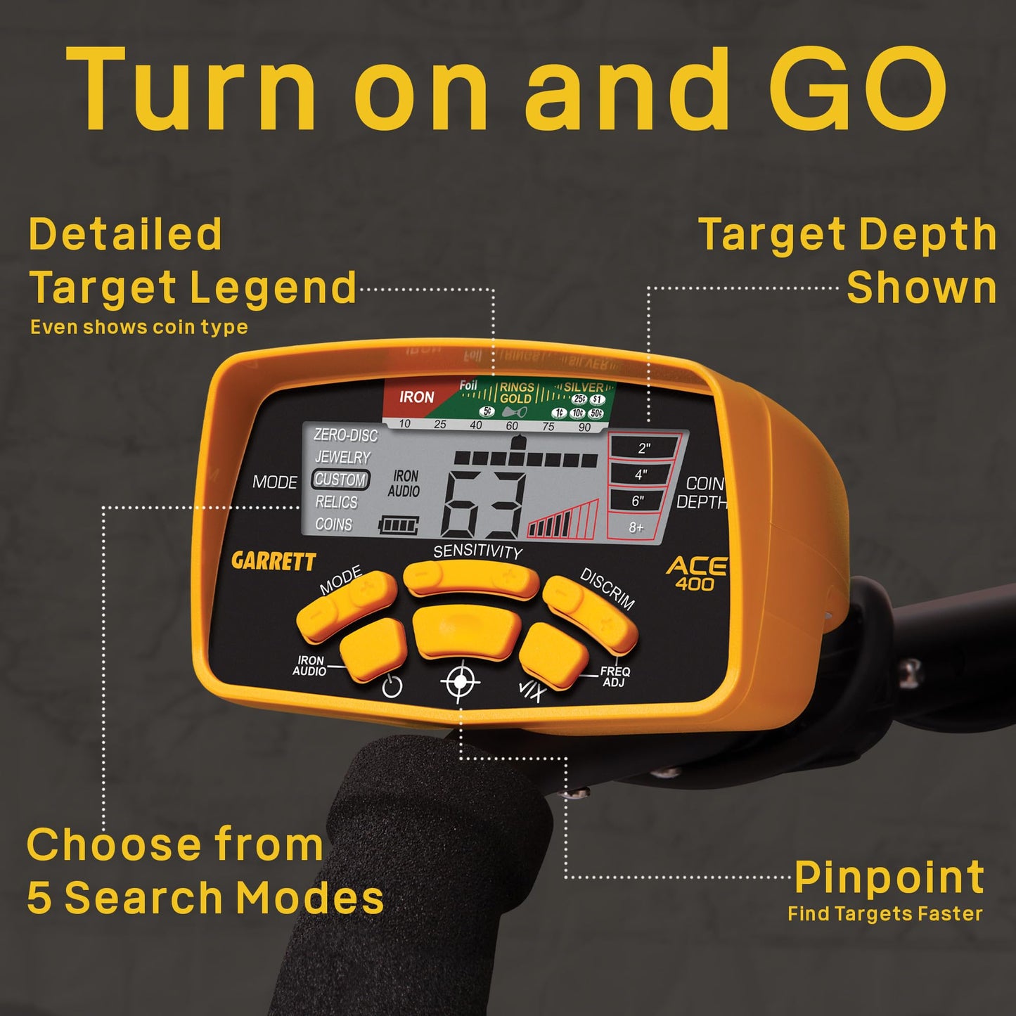 Garrett ACE 400 Metal Detector Bundle – Digital Target ID, Iron Audio, Adjustable Frequency, Includes Carry Bag, & Searchcoil Cover
