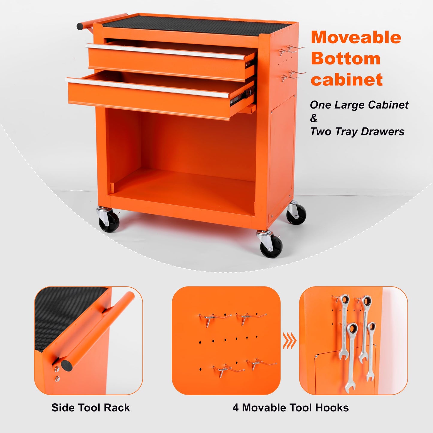 KEIKI 8-Drawer Rolling Tool Chest, Lockable 2 in 1 Detachable Top Tool Box with Drawers, Lockable Wheels, Side Hooks for Garage, Warehouse, Tool Room (Orange)