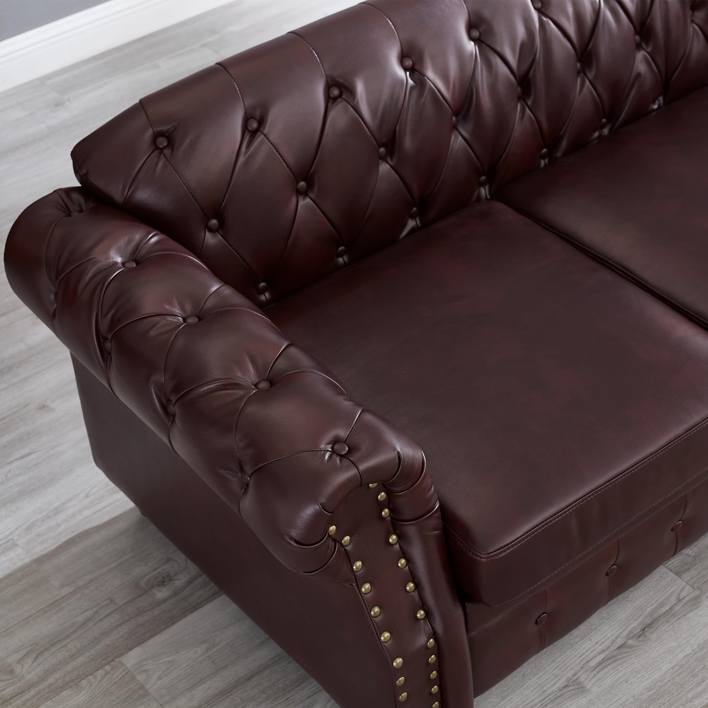 KEIKI 85.8" Chesterfield Sofa, Retro Style Upholstered with Storage Faux Leather PU Couch with Rolled Arm, Nailhead for Living Room Bedroom Office Apartment, Burgundy