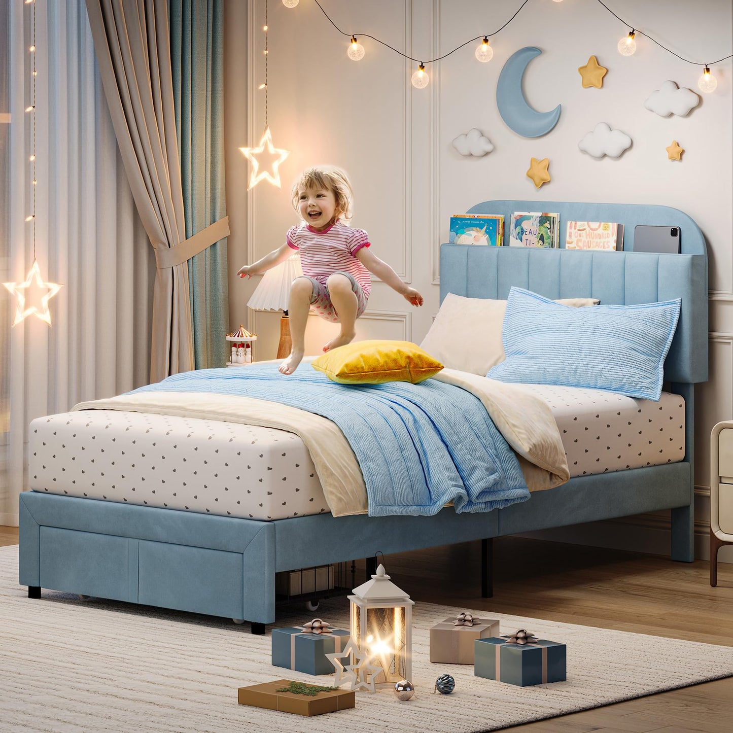 IDEALHOUSE Twin Bed Frame for Kids, Upholstered Platform Bed with Large Storage Drawer and Bookcase Headboard, Boys Bed, Noise-Free, Easy Assembly, No Box Spring Needed, Blue